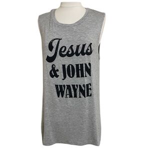 New Jesus & John Wayne Gray Black Graphic Sleeveless Womens Tee Medium